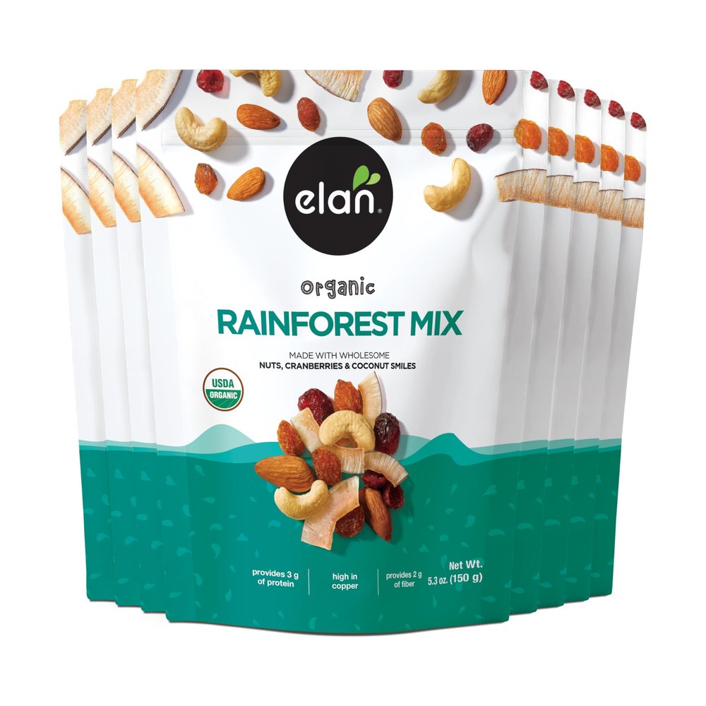 Elan Organic Rainforest Mix, Healthy Snacks, Dried Fruits (Raisins, Coconut, Dried Cranberries), Nuts (Roasted Cashews, Roasted Almonds), Non-GMO, Gluten-Free, Vegan, Kosher, 8 pack of 5.3 oz