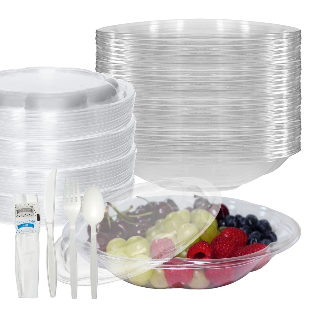 40oz Salad Bowls To-Go with Lids and Cutlery (300 Count) - Clear Plastic Disposable Salad Containers | Lunch, Salads, Fruits, Leak Proof, Airtight, Fresh, Meal Prep, Fork, | Rose Bowl Container (40oz)