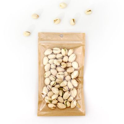 100 Bags/Pack Clear Front Kraft Paper Back with Round Hang-hole Food Safe Resealable Packagaing Bags (6.3" x 9.4", Clear/Kraft)