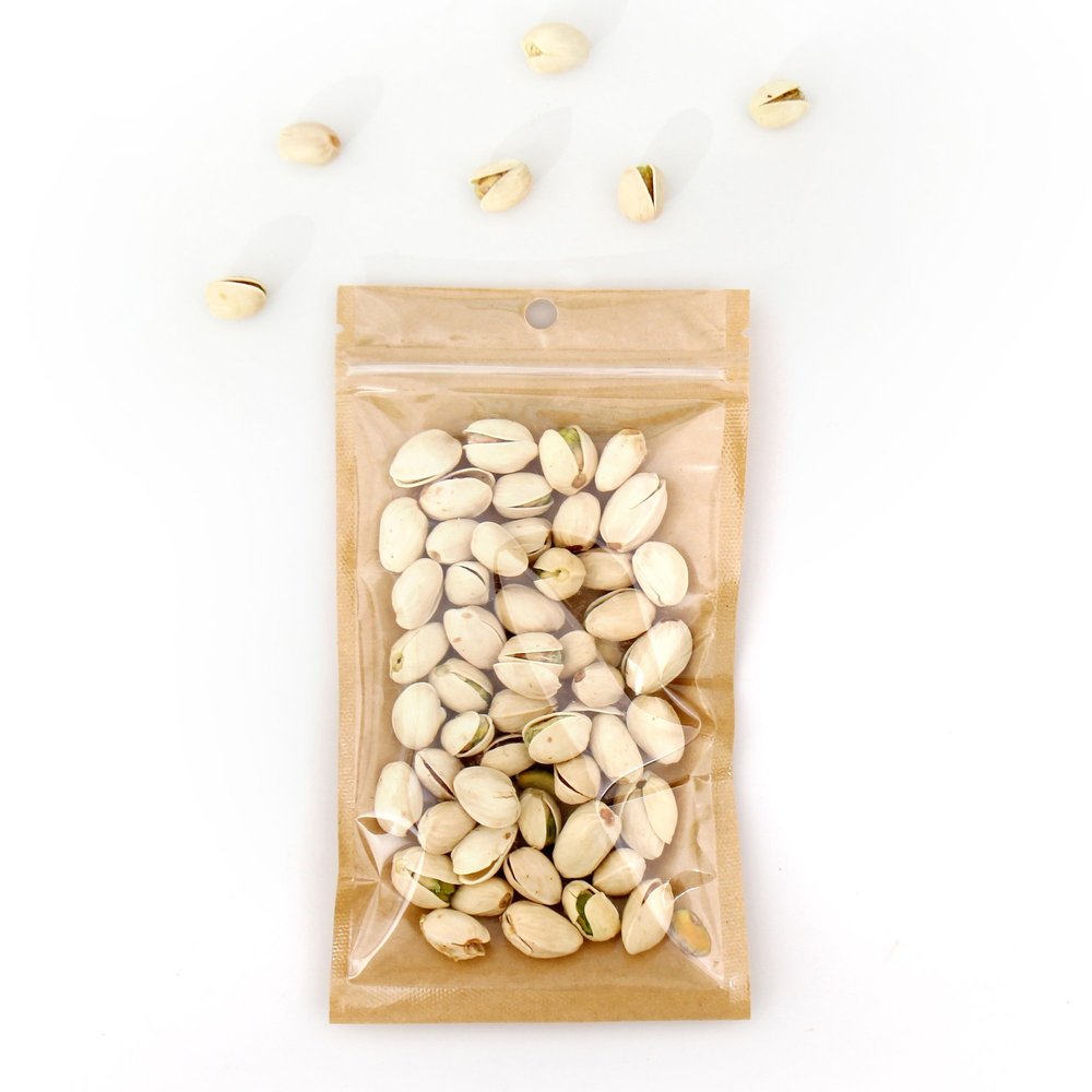 100 Bags/Pack Clear Front Kraft Paper Back with Round Hang-hole Food Safe Resealable Packagaing Bags (6.3" x 9.4", Clear/Kraft)