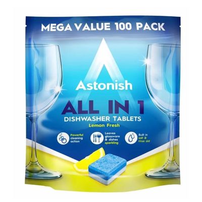 Astonish All In 1 Dishwasher Tablets - Household Cleaner Removes Grease, Grime, & Surface Stains - Dishwasher Soap with Salt & Rinse Aid, Cruelty Free Dishwasher Detergent, Lemon Fresh, 100 Pack
