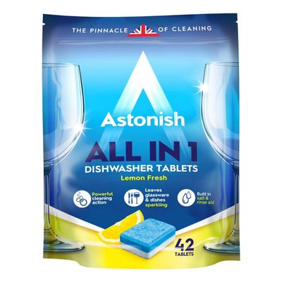 Astonish All In 1 Dishwasher Tablets - Household Cleaner Removes Grease, Grime, & Surface Stains - Dishwasher Soap with Salt & Rinse Aid, Cruelty Free Dishwasher Detergent, Lemon Fresh, 42 Pack