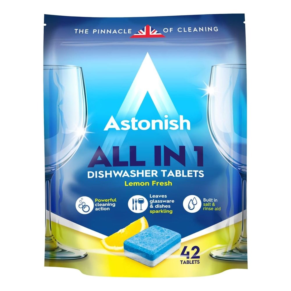 Astonish All In 1 Dishwasher Tablets - Household Cleaner Removes Grease, Grime, & Surface Stains - Dishwasher Soap with Salt & Rinse Aid, Cruelty Free Dishwasher Detergent, Lemon Fresh, 42 Pack
