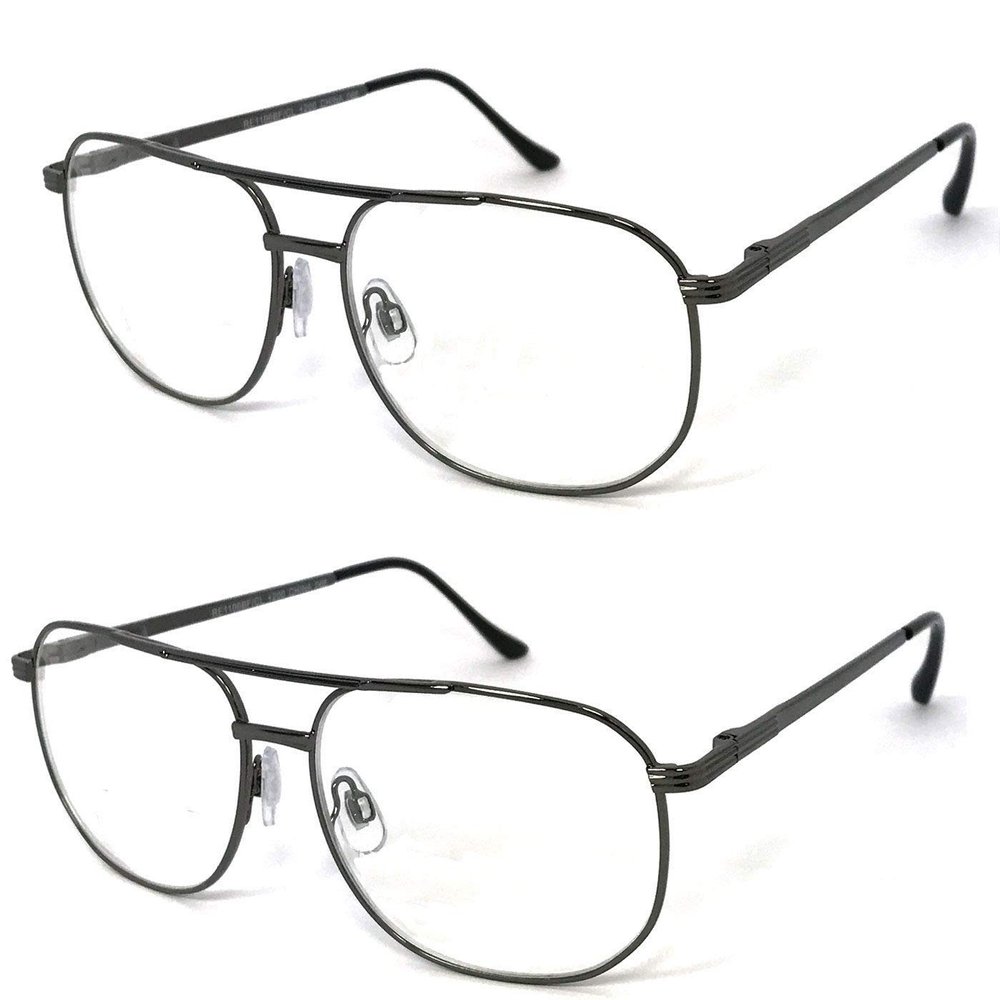2 Pairs Metal Frame Large Aviator Full Lens (Not Bifocal) Reading Glasses (Gunmetal, 1.25)