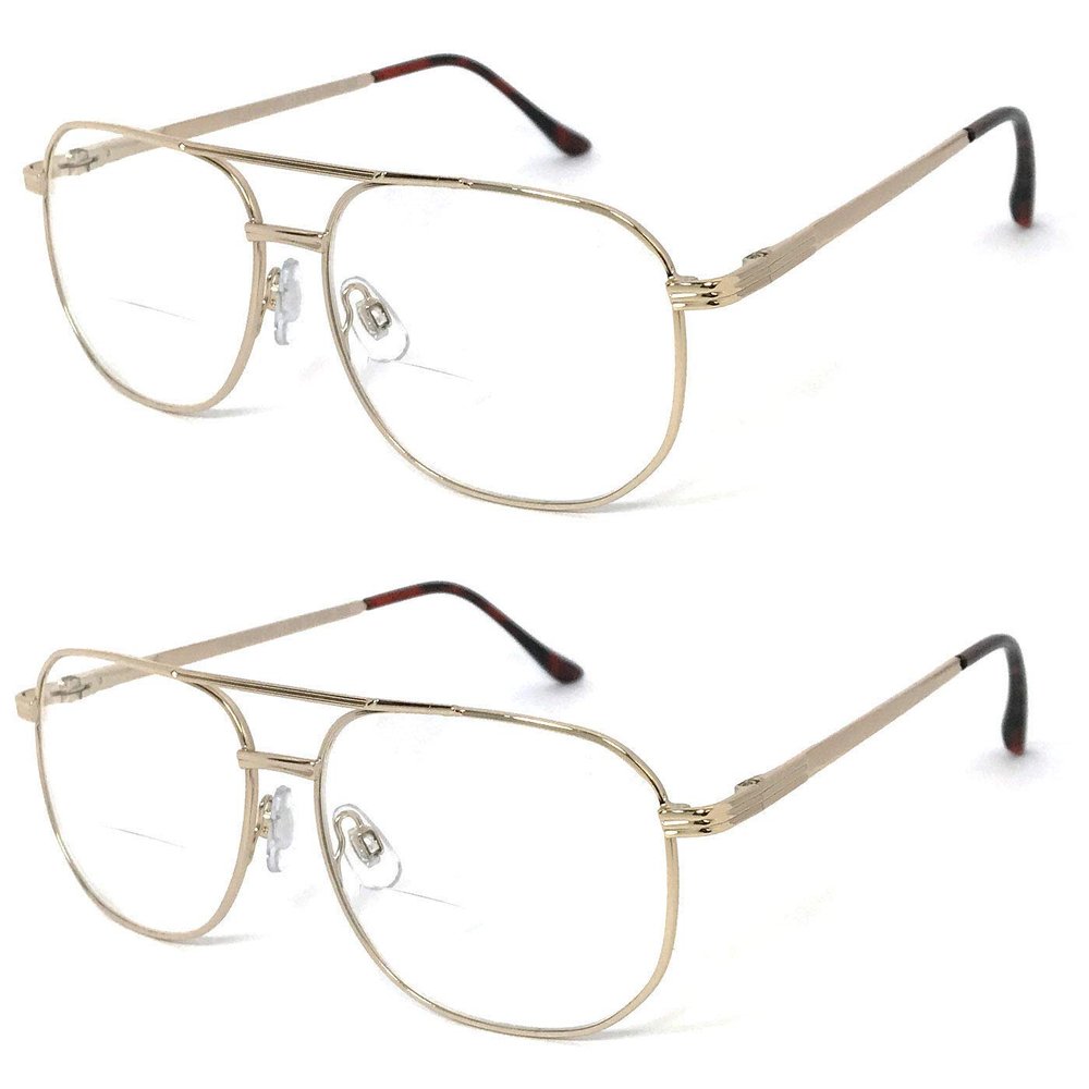2 Pairs Meta Frame Aviator Bifocal Reading Glasses Large Bifocal Section (Gold, 1.50)