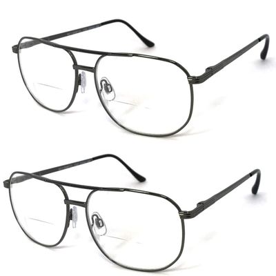 2 Pairs Meta Frame Aviator Bifocal Reading Glasses Large Bifocal Section (Gunmetal, 1.25)