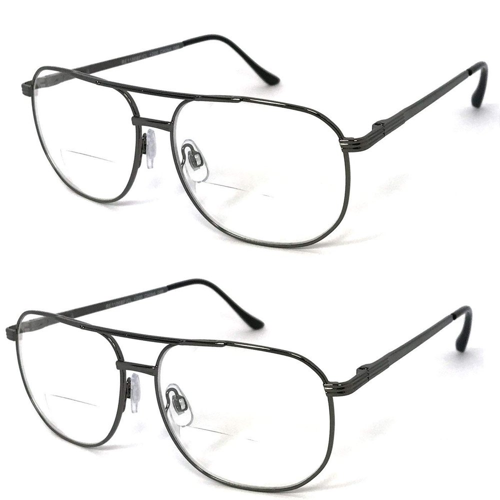 2 Pairs Meta Frame Aviator Bifocal Reading Glasses Large Bifocal Section (Gunmetal, 1.25)