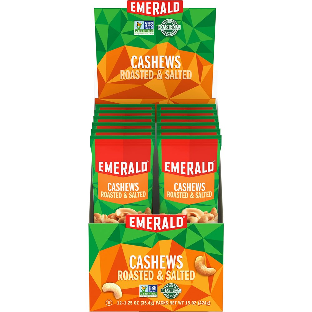 Emerald Nuts Roasted & Salted Cashews 12 Ct (1-Pack), 1.25 Oz Individual Snack Tubes, Plant-Based Protein, Kosher Certified, Non-GMO, Contains No Artificial Preservatives, Flavors or Synthetic Colors