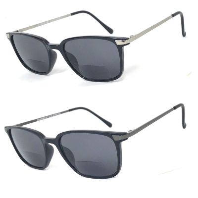 2 Pairs Fashion Square Inner Bifocal Tinted Sun Reader Reading Sunglasses (Shiny Black & Matte Black, 1.00)