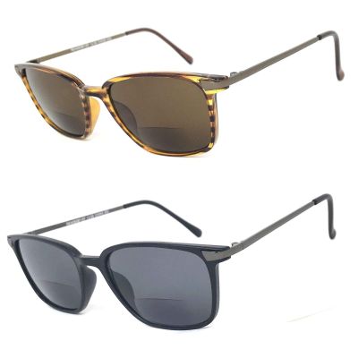 2 Pairs Fashion Square Inner Bifocal Tinted Sun Reader Reading Sunglasses (Shiny Black & Matte Black, 2.25)