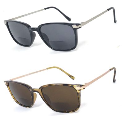 2 Pairs Fashion Square Inner Bifocal Tinted Sun Reader Reading Sunglasses (Shiny Black & Brown(Gold), 1.00)