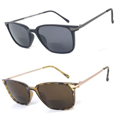 2 Pairs Fashion Square Inner Bifocal Tinted Sun Reader Reading Sunglasses (Matte Black & Brown(Gold), 1.50)