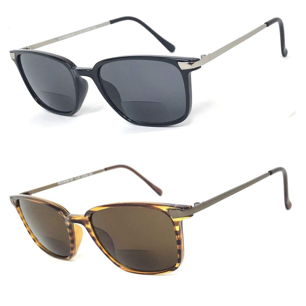 2 Pairs Fashion Square Inner Bifocal Tinted Sun Reader Reading Sunglasses (Shiny Black & Brown(GM), 1.25)
