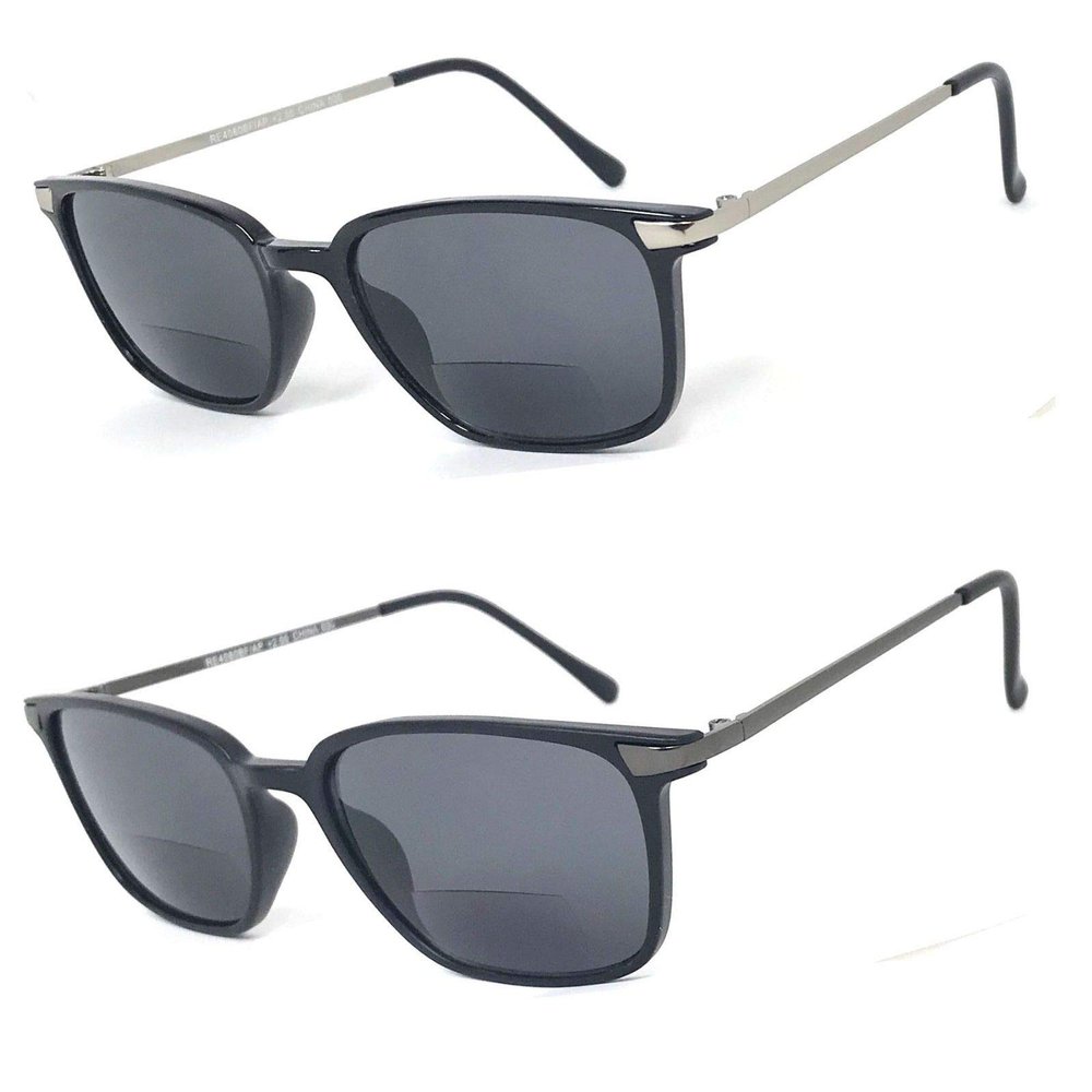 2 Pairs Fashion Square Inner Bifocal Tinted Sun Reader Reading Sunglasses (Shiny Black & Matte Black, 2.75)