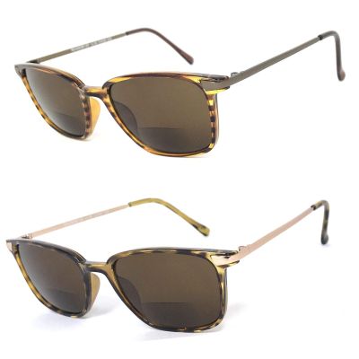 2 Pairs Fashion Square Inner Bifocal Tinted Sun Reader Reading Sunglasses (Brown(GM) & Brown(Gold), 2.50)
