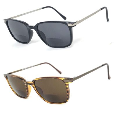 2 Pairs Fashion Square Inner Bifocal Tinted Sun Reader Reading Sunglasses (Shiny Black & Brown(GM), 2.50)