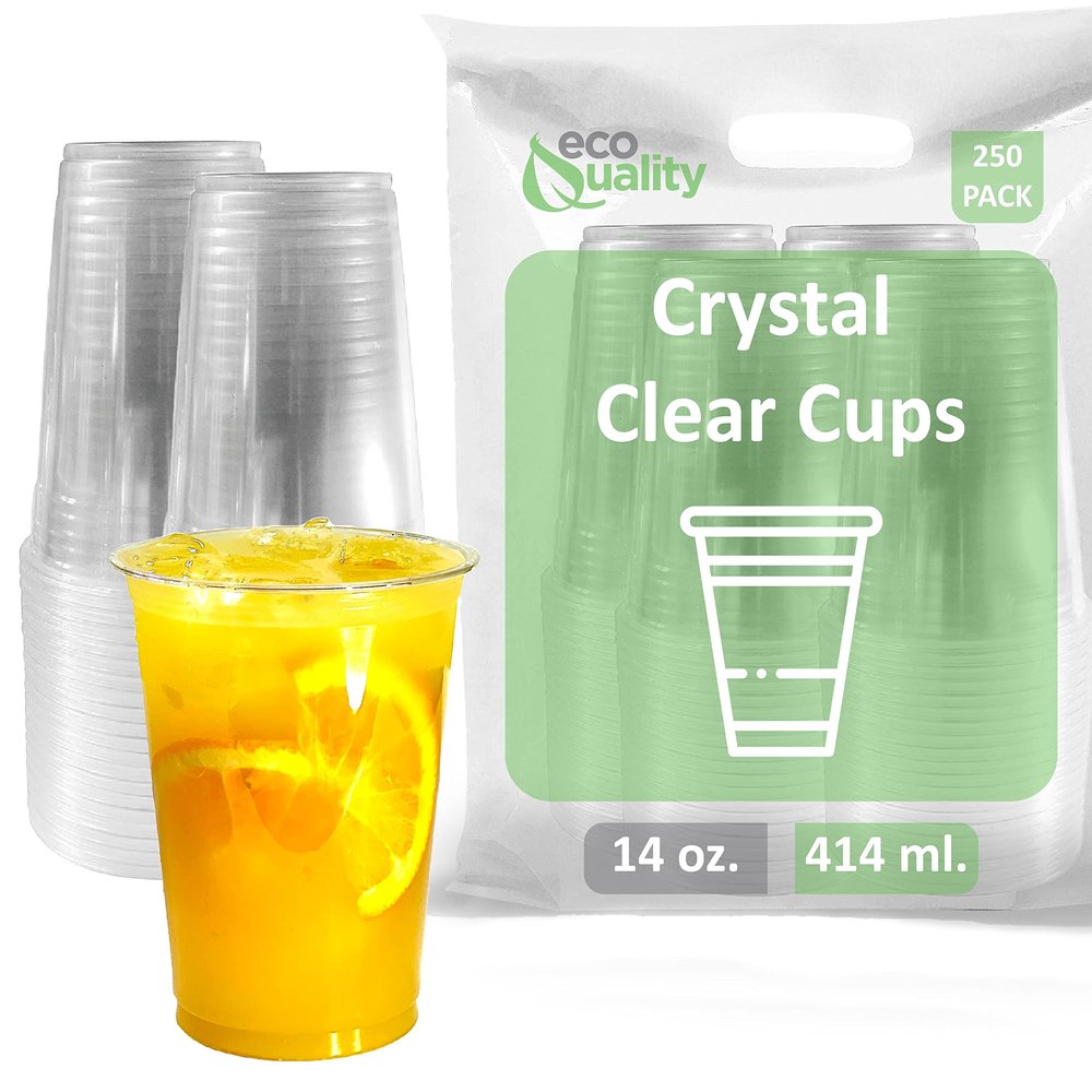 Clear Plastic Disposable Cups | 14 oz Cups, 250 Pack | Crystal Clear PET Cup | Cold Smoothie | Iced Coffee Go Cups | Ideal for Coffee, Parfait, Juice, Soda, Cocktail, Party Cups (14oz, 250 count)