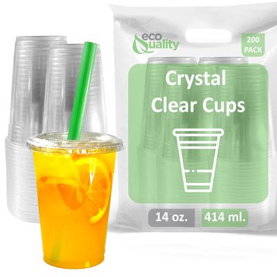 Clear Plastic Disposable Cups with Lids and Smoothie Straws 200 count - 14 oz (ounces) Clear PET Cup for Smoothies, Protein Shakes, Bubble Tea, Iced Coffee, Boba, Fresh Juice, Meal Prep, Party Cup