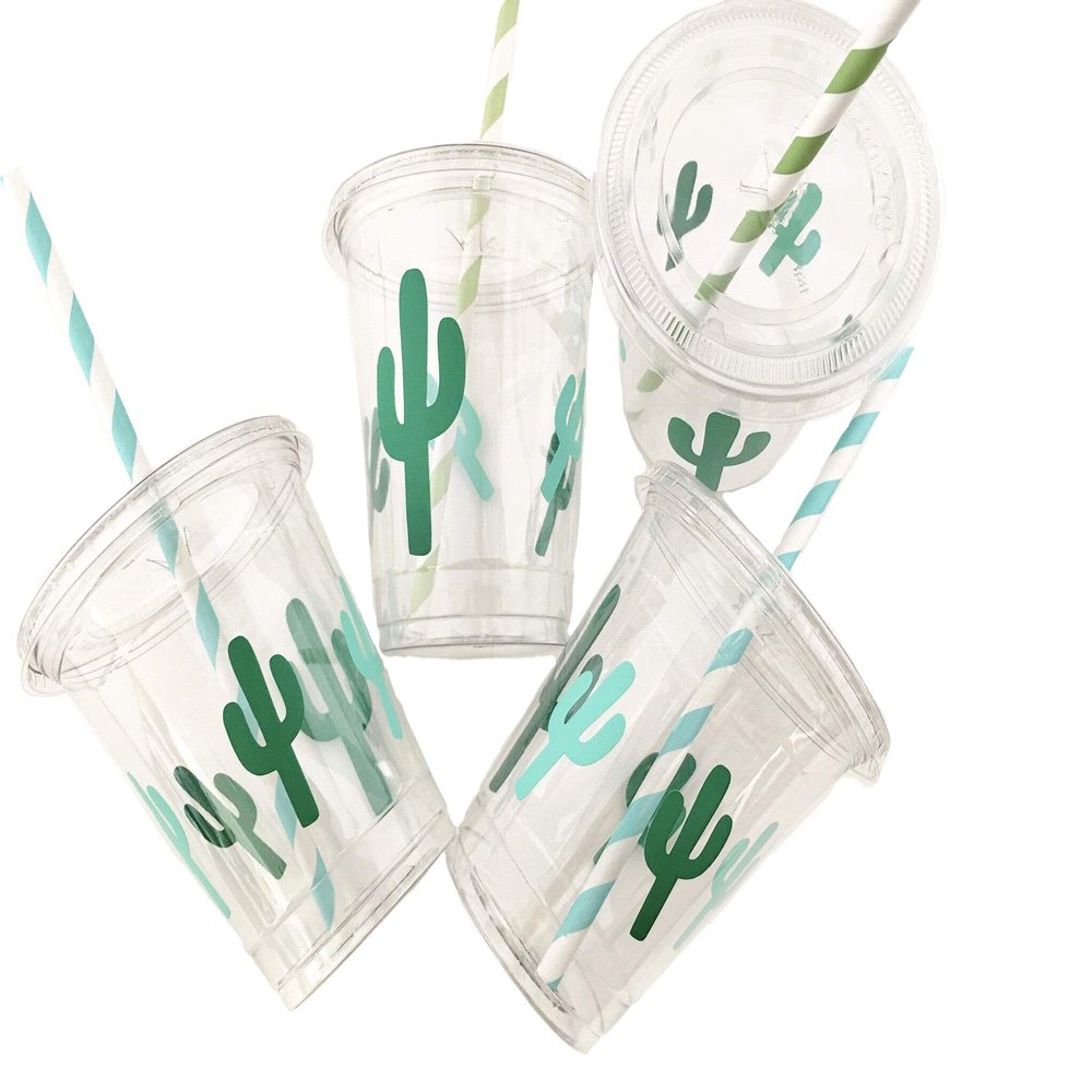 Cactus Cups, Fiesta Birthday, Bridal Shower, Cinco de Mayo Party Decorations, Favor Containers, Lids, Straws, Set of 12