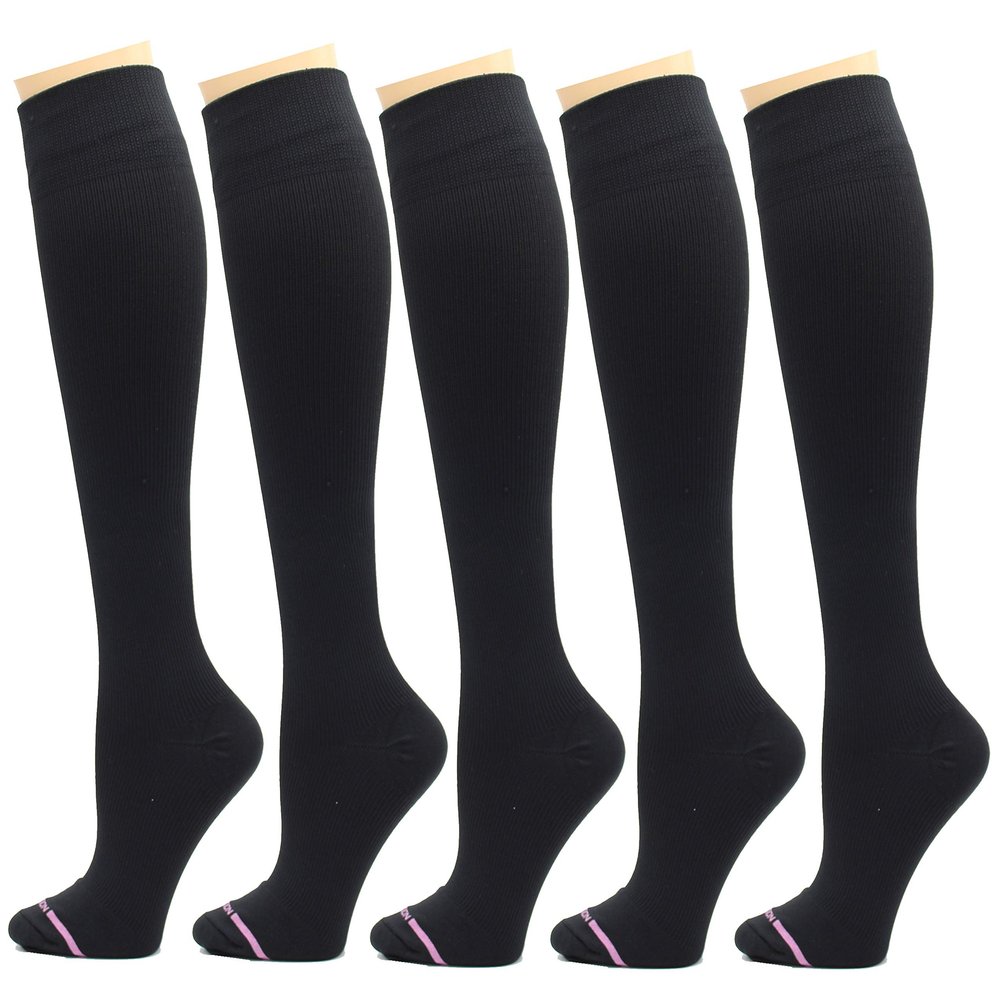 5 Pairs Dr. Motion Therapeutic Graduated 8-15mmHg Compression Women's Knee-hi Socks (Pack-Black)