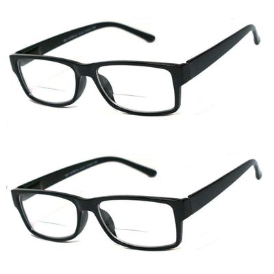 2 Pairs Mens Womens Vintage Square Frame Clear Bifocal Reading Glasses (Black, 1.75)