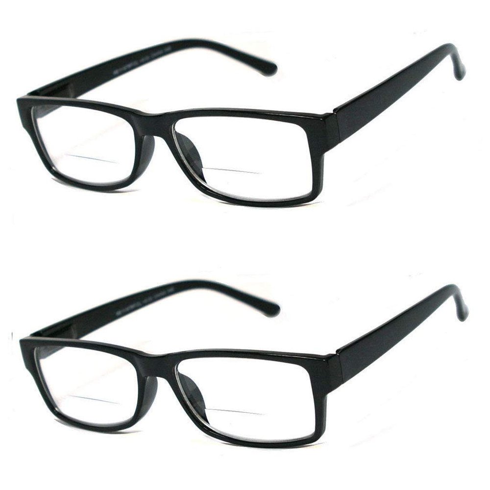 2 Pairs Mens Womens Vintage Square Frame Clear Bifocal Reading Glasses (Black, 1.75)