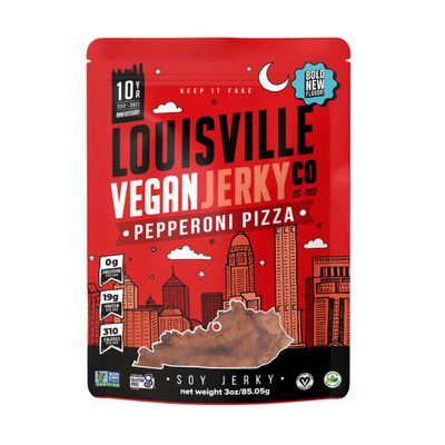 Louisville Vegan Jerky  Pepperoni Pizza Vegan and Vegetarian Friendly Meat - Lip-Smacking Jerky - Gluten-Free High Protein Vegan Snacks 19 grams of Non-GMO Soy Protein, 310 Calories Per Bag