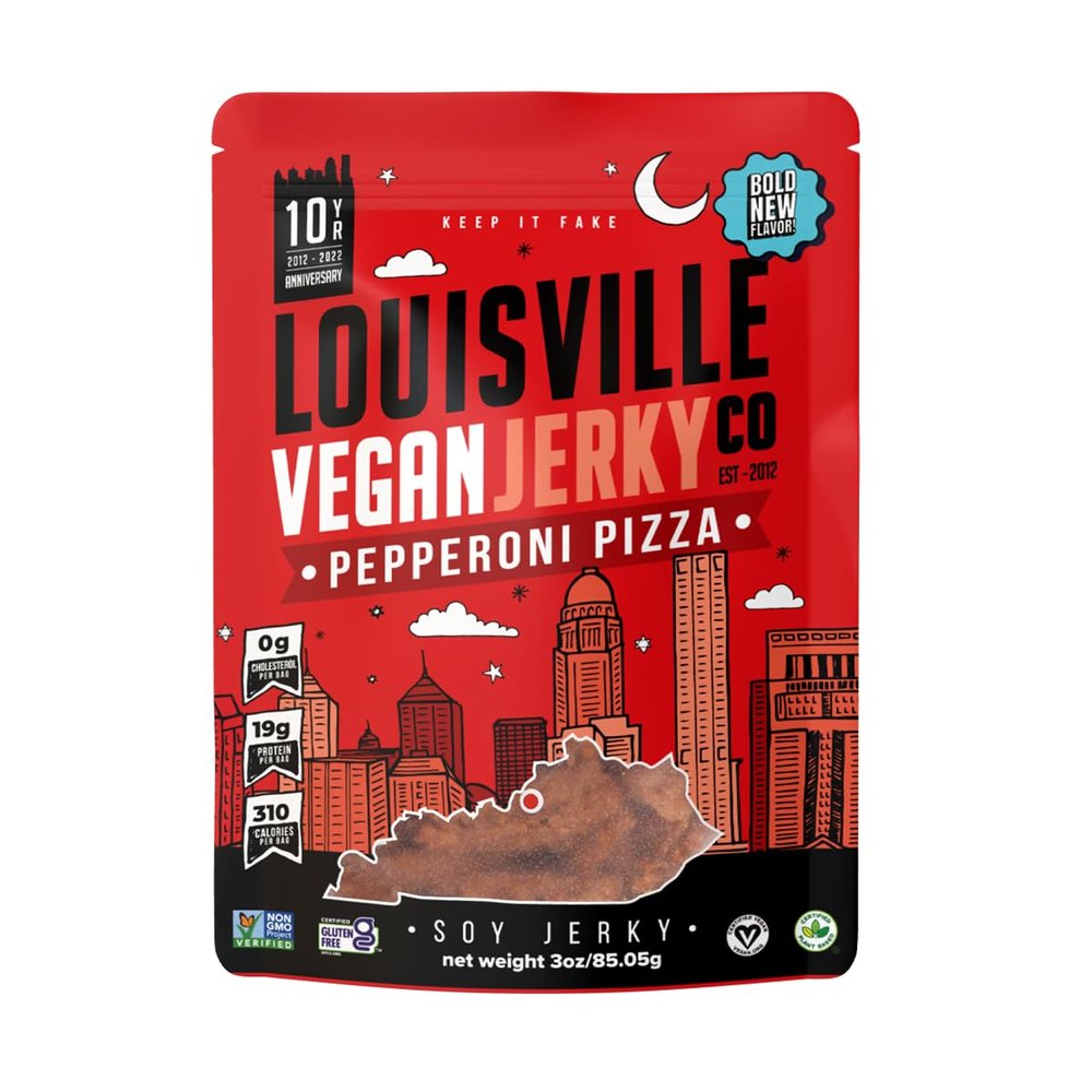 Louisville Vegan Jerky  Pepperoni Pizza Vegan and Vegetarian Friendly Meat - Lip-Smacking Jerky - Gluten-Free High Protein Vegan Snacks 19 grams of Non-GMO Soy Protein, 310 Calories Per Bag