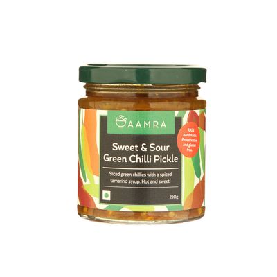 Aamra (Ghaziabad) Homemade Sweet & Sour Green Chili Indian Pickle - 190 grams