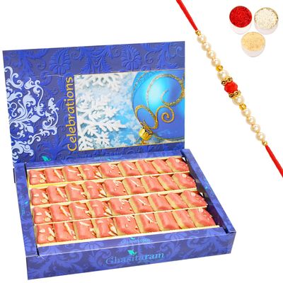 Ghasitaram Gifts Rakhi Gifts for Brothers Sugarfree Mawa Coconut Barfi 800 GMS with Beads Rakhi