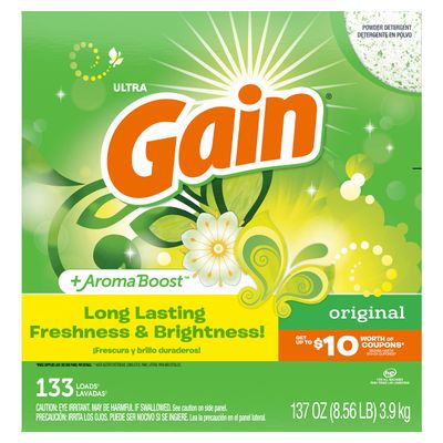 Gain Powder Laundry Detergent for Regular and HE Washers, Original Scent, 137 ounces, 133 loads