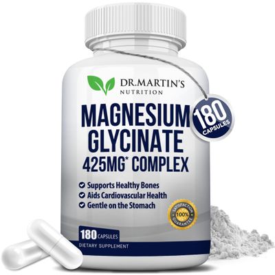 Premium Magnesium Glycinate 425mg - 180 Vegan Capsules - Helps with Stress Relief, Sleep, Muscle Cramps & Healthy Heart |