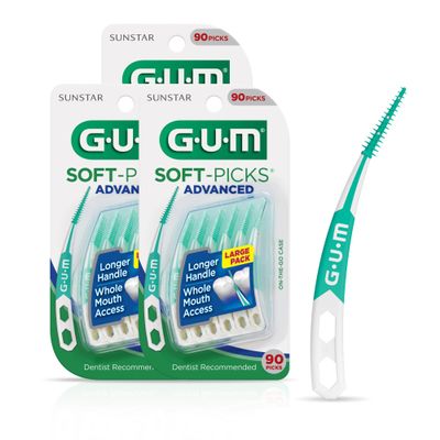 GUM Soft-Picks Advanced, Easy to Use Dental Picks for Teeth Cleaning Health, Disposable Interdental Brushes with Convenient Carry Case, Dentist Recommended Dental Picks, 90 Count (Pack of 3)