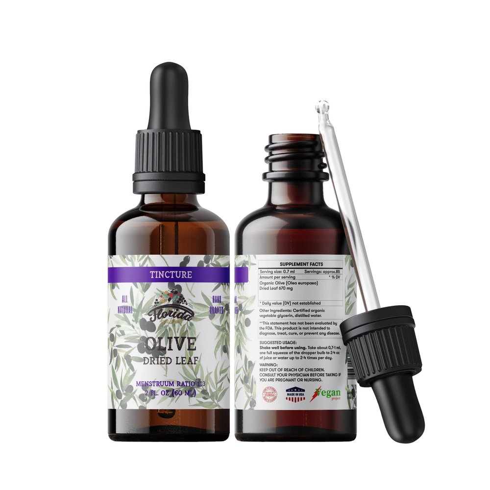 FLORIDA HERBS Organic Olive Leaf Tincture, Olive Extract Liquid (Olea europaea) Dried Leaf Herbal Supplement, Non-GMO in Cold-Pressed Organic Vegetable Glycerin, 700 mg, 2 oz (60 ml)