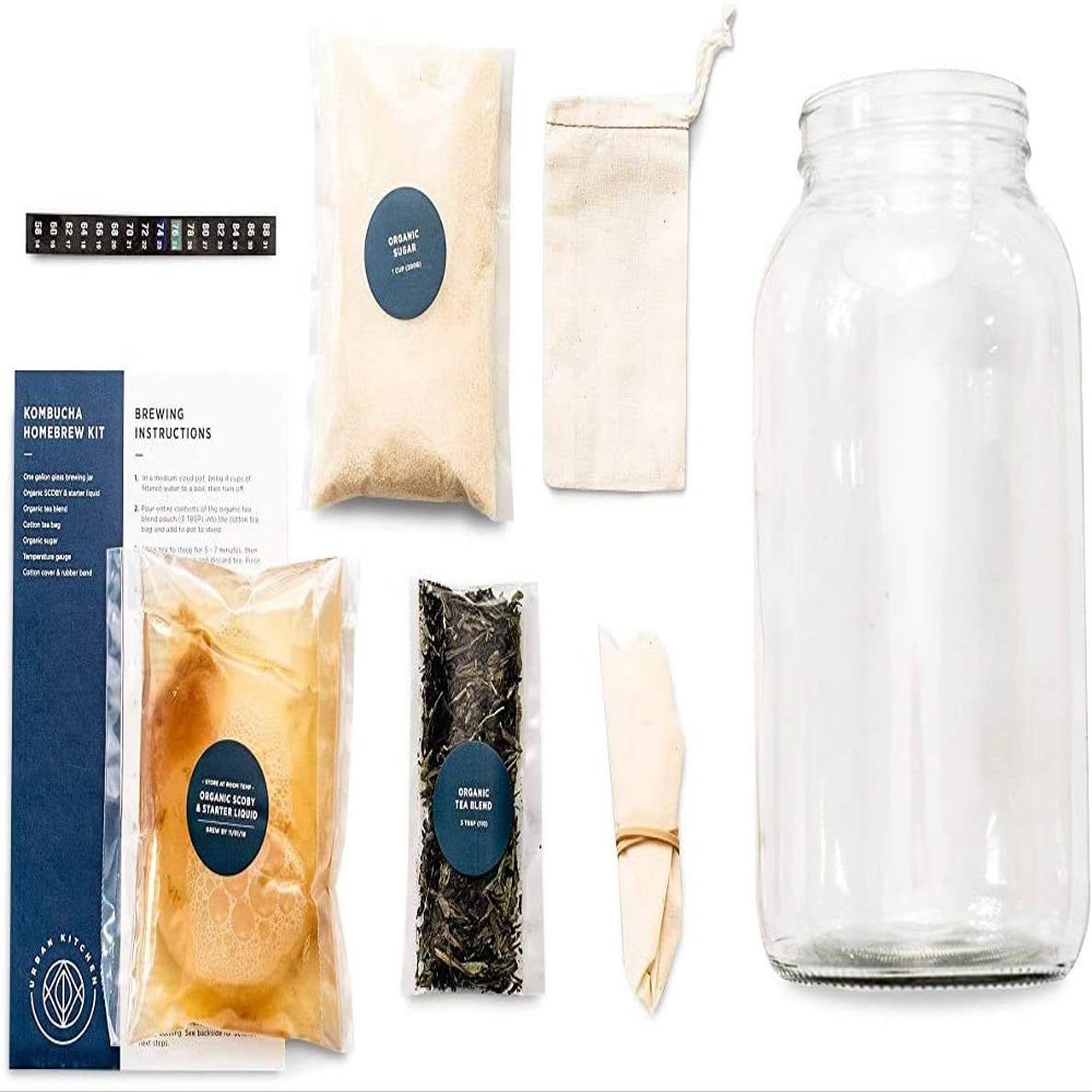 Urban Kitchen Kombucha Starter Kit Includes Organic SCOBY, Starter Liquid, 1 Gallon Glass Jar, Temp Gauge, Tea, and Sugar