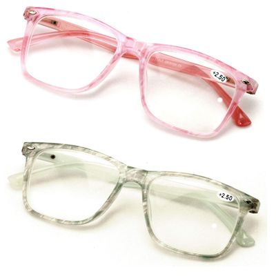 2 Pairs Large Women Floral Fashion Reading Glasses - Stylish Rectangle Reader (Translucent Pink/Green, 3.00)