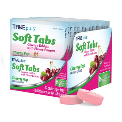 TRUEplus Soft Tabs Glucose Tablets, Chewable, Cherry Pop Flavor, 16g Fast-Acting Carbohydrates, Fat Free, Gluten Free, Raise Low Blood Sugar and Boost Energy, 4 Count, 12 Packs