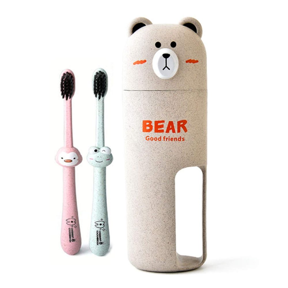 2Pcs Tooth Brush with Cute Bear Design Toothbrush Holder Cup for Children (Beige)