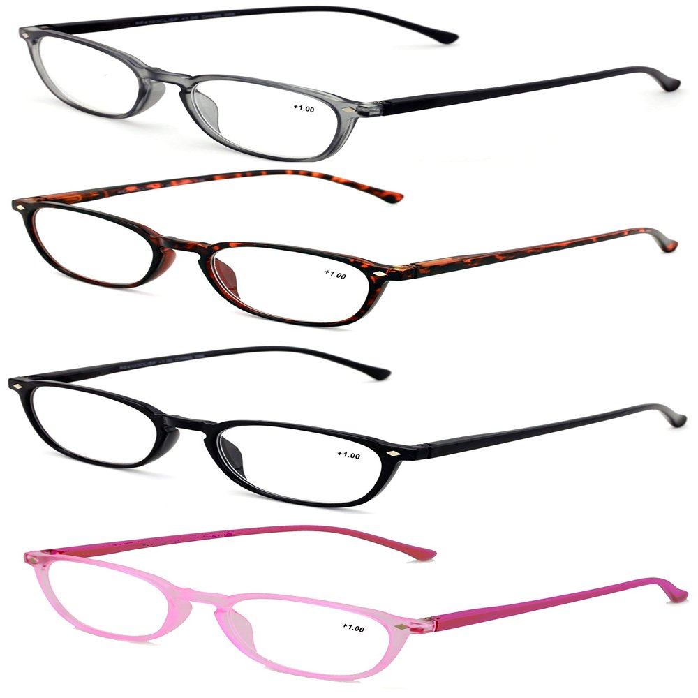 4 Pairs Oval Simple Basic Reading Glasses - Lightweight Unisex Reader (4 Pack/w Pink, 1.25)