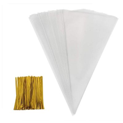 100 Pcs 14.6 * 7 Inch Clear Plastic OPP Bags Cellophane Triangle Treat Bags Candy Cello Bags with Twist Ties for Candies, Cookies, Popcorn and More