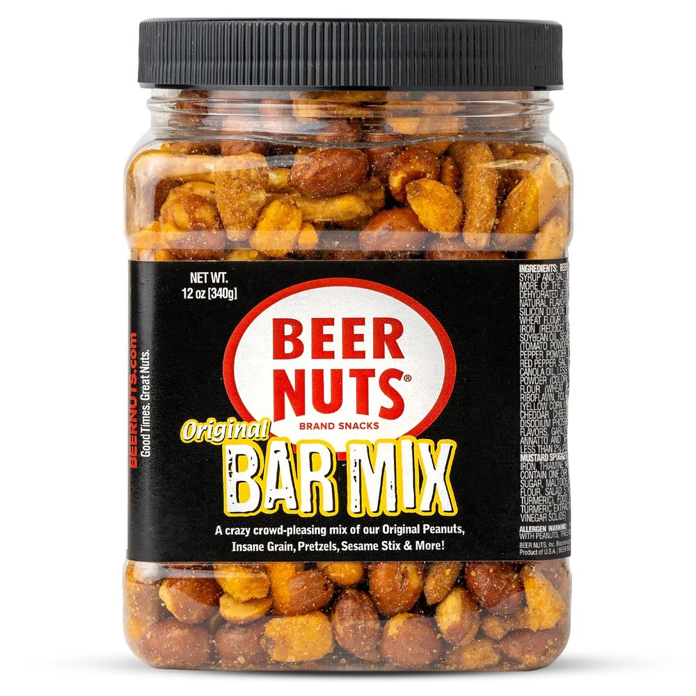 BEER NUTS Original Bar Mix - Pretzels, Cheese Stix, Sesame Stix, Insane Grain - 12oz Resealable Jar (Pack of 1)