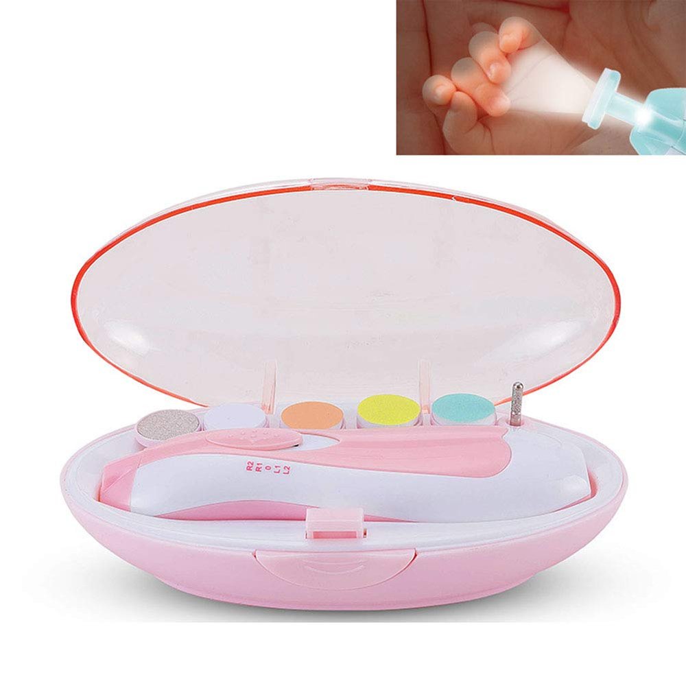 Electric Baby Nail Trimmer File with Light - 6 Grinding Heads Safe Nail Clippers Kit for Newborn Infant Toddler Kids Toes and Fingernails - Care, Polish and Trim (Not Included),Pink