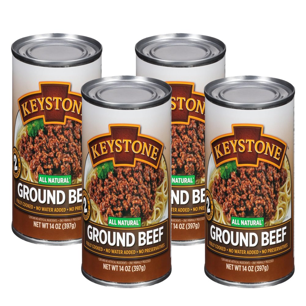 Keystone Meats All Natural Heat and Serve Ground Beef 14 oz Fully Cooked Canned Meat Ready to Eat 5-Year Shelf Life Pantry Staple for Everyday Meals, Emergency Survival Canned Food Made in USA Pack of 4