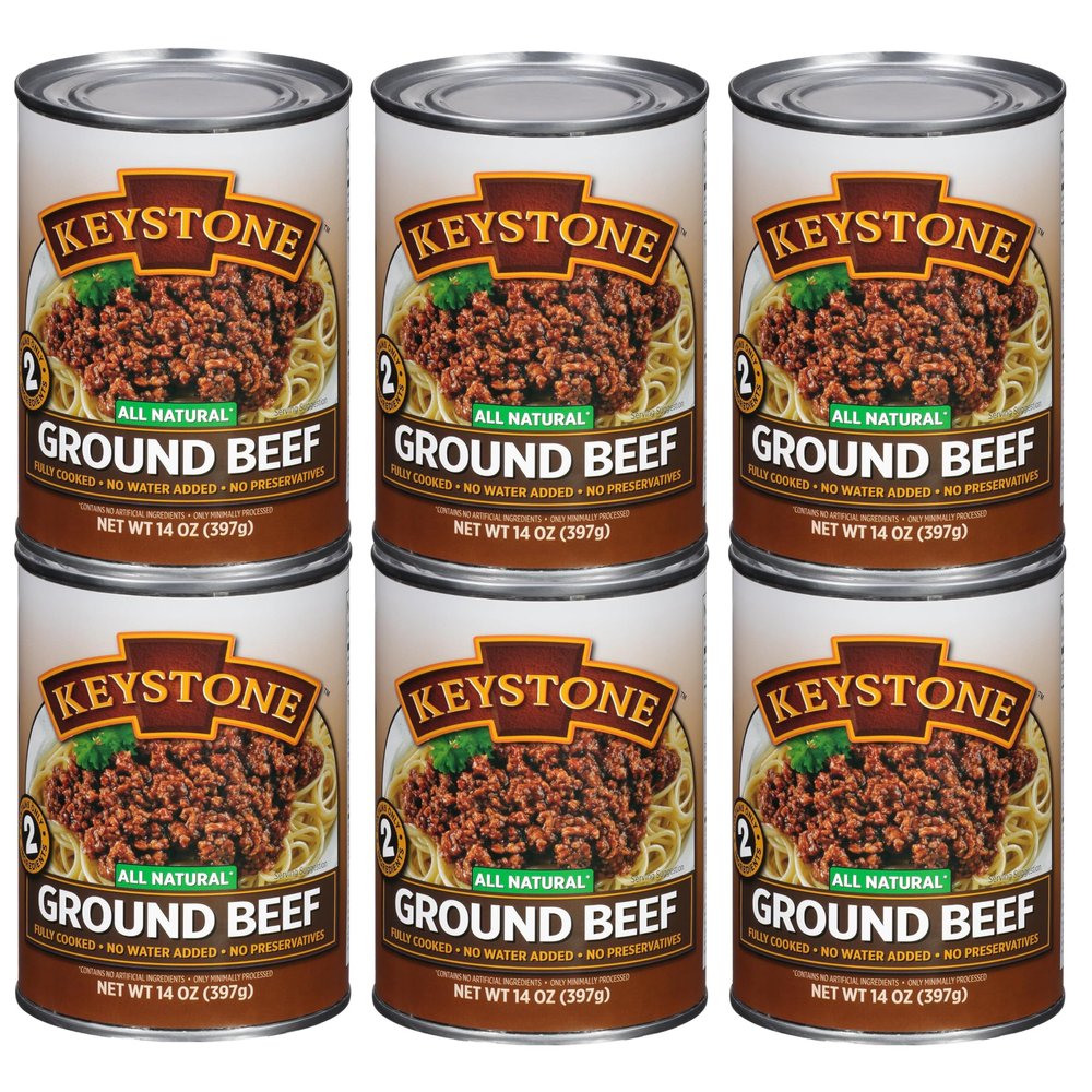Keystone Meats All Natural Heat & Serve Ground Beef 14 Oz Fully Cooked Canned Meat 5-Year Shelf Life Ready to Eat, Pantry Staple for Everyday Meals & Survival Food, Gluten-Free, Made in USA, Pack of 6