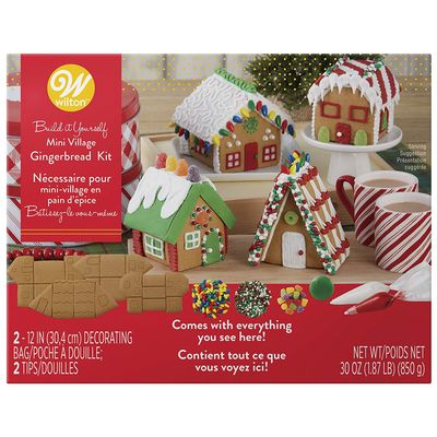 Gingerbread House Kit Build It Yourself Mini Village - Christmas Fun decorating, Kit Includes: 4 Sets Of House Panels, 4 Types Of Candies, Icing, Decorating Bags - Bundled With Extra Candy!