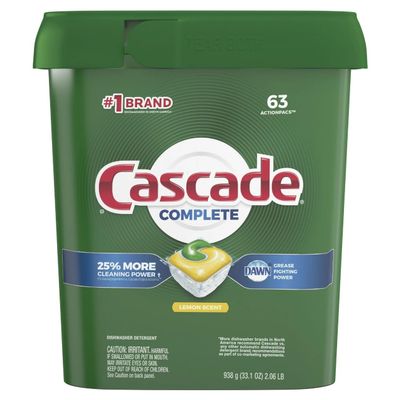 Cascade Complete Actionpacs Dishwasher Detergent, Lemon Scent, 63 Count