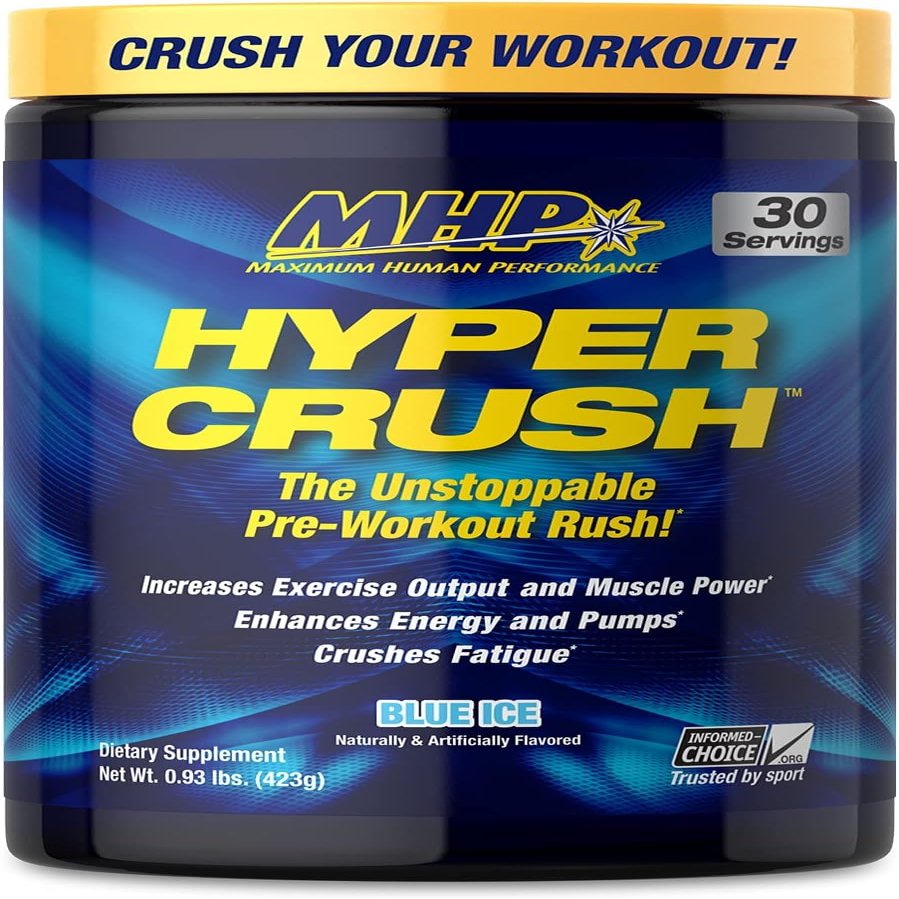 Maximum Human Performance MHP HYPER CRUSH Pre Workout energy drink creatine beta alanine nitric oxide pump citrulline AKG 30 Servings, Blue Ice, 14.88 Ounce
