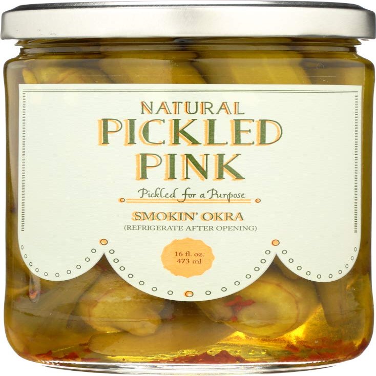 Pickled Pink Smokin' Okra (16 oz Jar, 2Pack); Gourmet Artisan-Crafted Whole Pickled Okra Pods in Brine, All-Natural