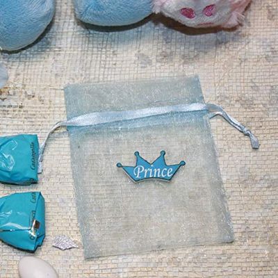 Shiny Blue Organza Bag with Crown Prince Charm - Pack of 10 Prince Favor Bags