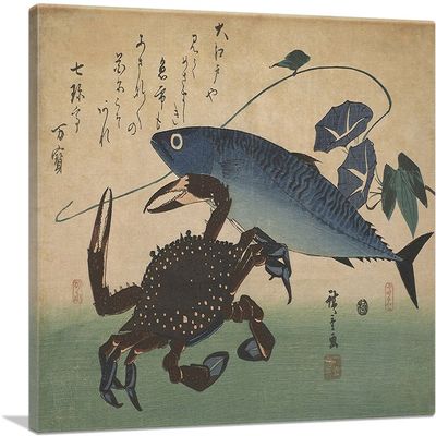 ARTCANVAS Crab with Mackerel Canvas Art Print Stretched Framed Painting Picture Poster Giclee Wall Decor by Utagawa Hiroshige - 26" x 18" (1.50" Deep)